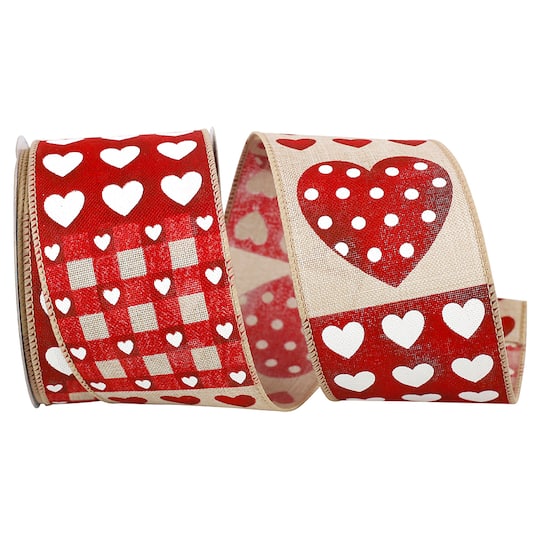 Reliant 2.5&#x22; Natural Hearts Patchwork Wired Ribbon